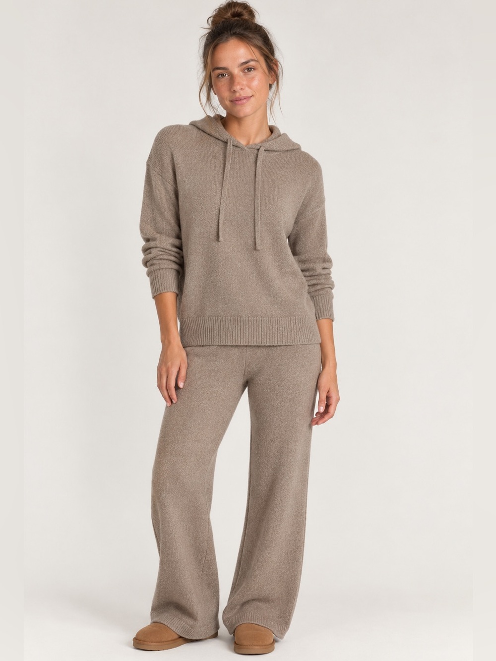 Time & Tru Acorn Brown Knit Hoodie Sweater and Pants Set